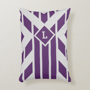Custom Monogram Purple Geometric Stripes on Grey Accent Pillow
