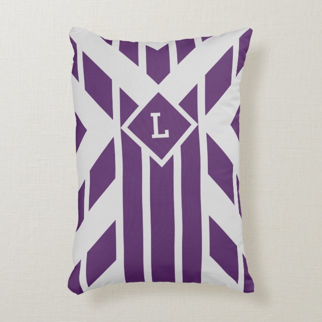 Custom Monogram Purple Geometric Stripes on Grey Accent Pillow (Front(Vertical))