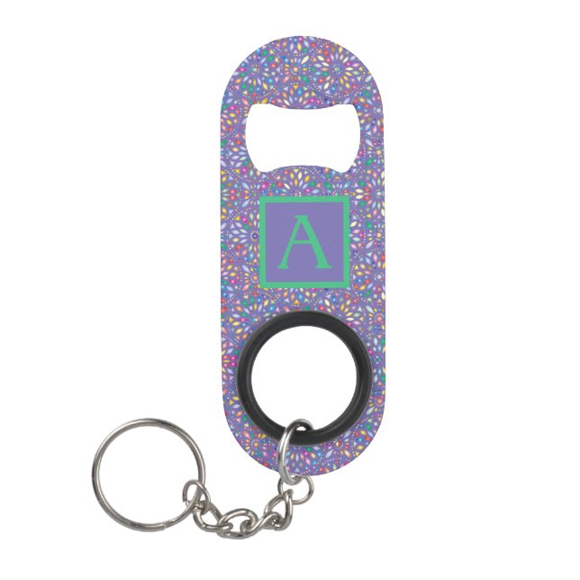Custom Monogram Purple Green Stained Glass Design Keychain Bottle Opener (Front)
