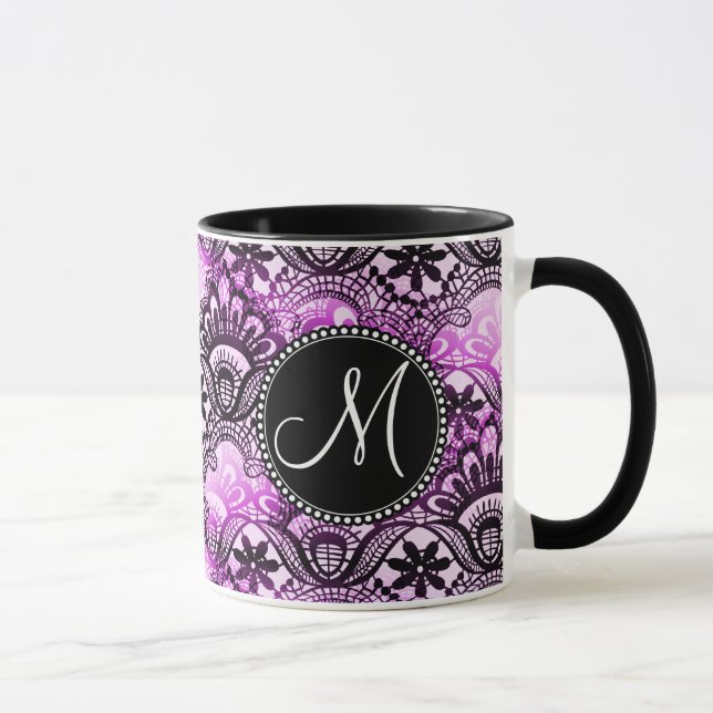 Custom Monogram Purple Lace Damask Pattern Mug (Right)