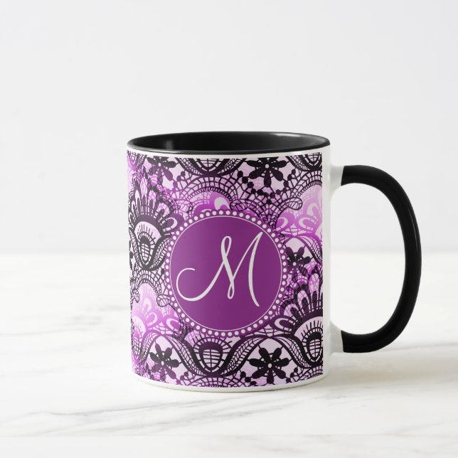 Custom Monogram Purple Lace Damask Pattern Mug (Right)