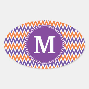 Custom Monogram Purple Orange Chevron Pattern Oval Sticker