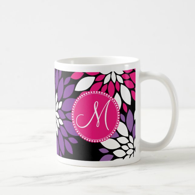 Custom Monogram Purple Pink White Flower Art Coffee Mug (Right)