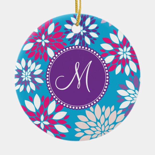 Custom Monogram Purple Pink White Flower on Blue Ceramic Ornament (Front)