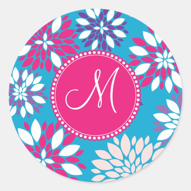 Custom Monogram Purple Pink White Flower on Blue Classic Round Sticker (Front)