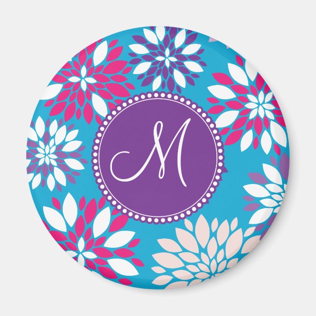 Custom Monogram Purple Pink White Flower on Blue Magnet (Front)