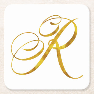 Custom Monogram R Faux Gold Foil Monograms Initial Square Paper Coaster
