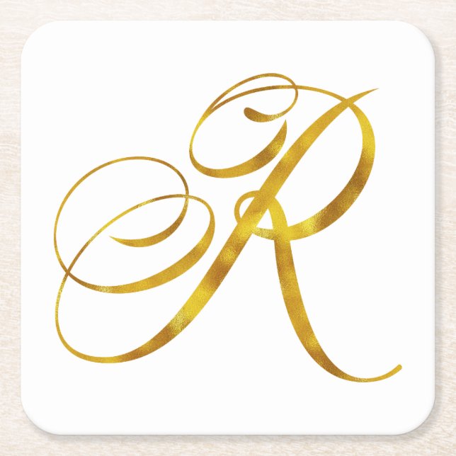 Custom Monogram R Faux Gold Foil Monograms Initial Square Paper Coaster (Front)