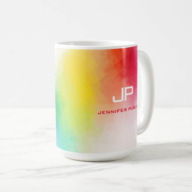 Custom Monogram Rainbow Colours Colourful Abstract Coffee Mug (Front Right)