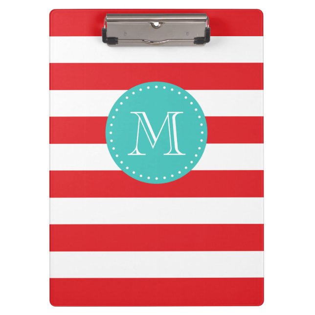 Custom Monogram Red and Turquoise Bold Stripes Clipboard (Front)
