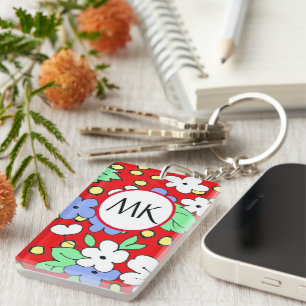 Custom monogram red and white flowers keychain