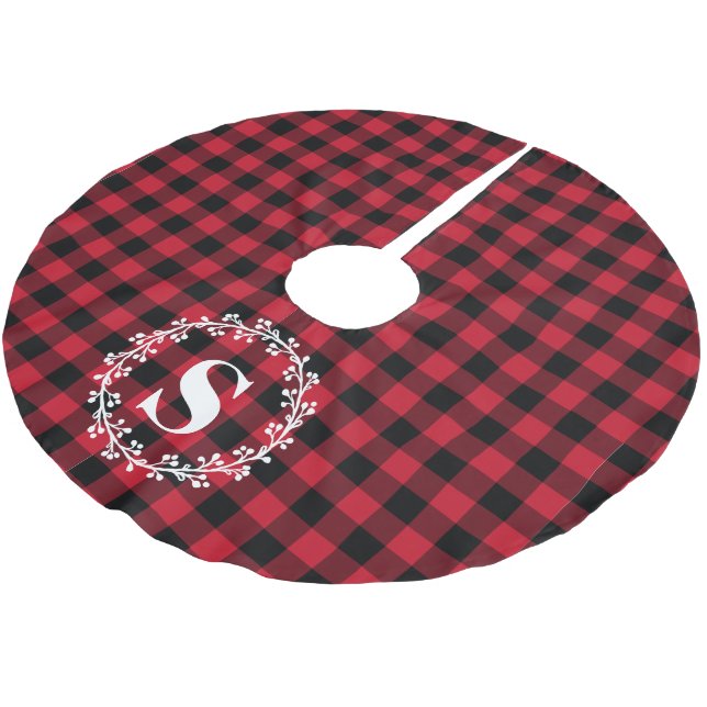 Custom Monogram Red Black Buffalo Plaid Wreath Brushed Polyester Tree Skirt (Angled)