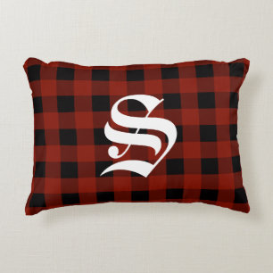 Custom Monogram Red Buffalo Check Lumberjack Plaid Accent Pillow