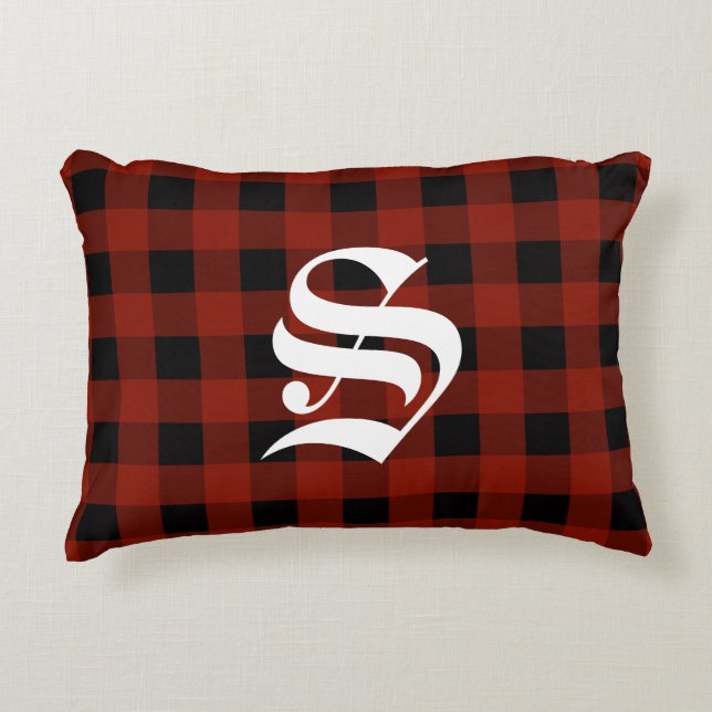 Custom Monogram Red Buffalo Check Lumberjack Plaid Accent Pillow (Front)