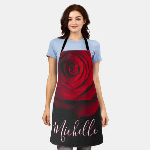 Custom monogram red rose vintage photograph black apron