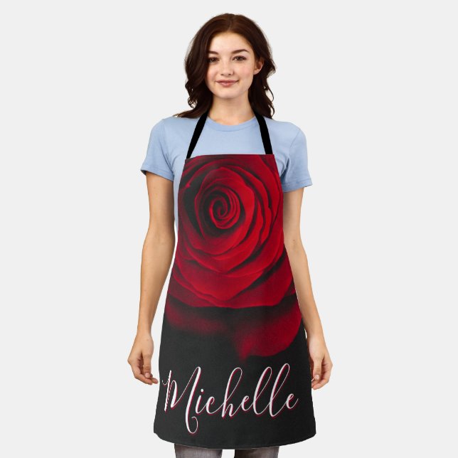 Custom monogram red rose vintage photograph black apron (Worn)