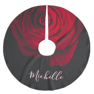 Custom monogram red rose vintage photograph black brushed polyester tree skirt
