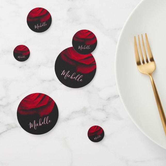 Custom monogram red rose vintage photograph black  confetti (Group)