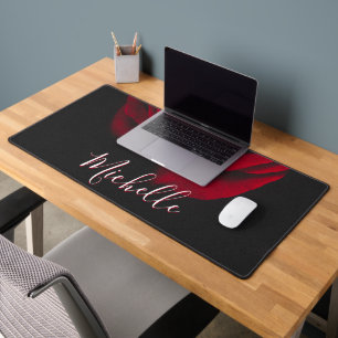 Custom monogram red rose vintage photograph black desk mat