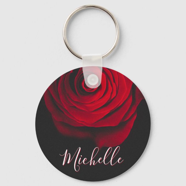 Custom monogram red rose vintage photograph black keychain (Front)