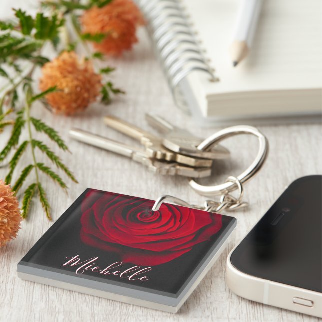 Custom monogram red rose vintage photograph black keychain (Front Right)
