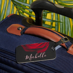 Custom monogram red rose vintage photograph black luggage tag