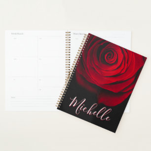 Custom monogram red rose vintage photograph black planner