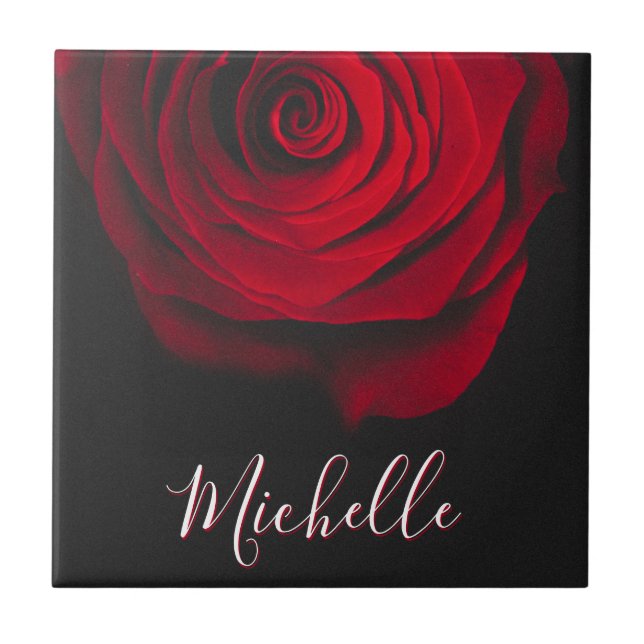 Custom monogram red rose vintage photograph black tile (Front)