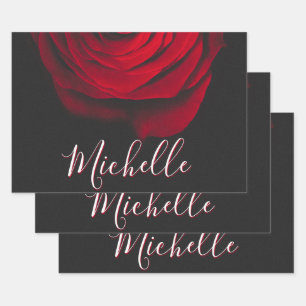 Custom monogram red rose vintage photograph black wrapping paper sheet