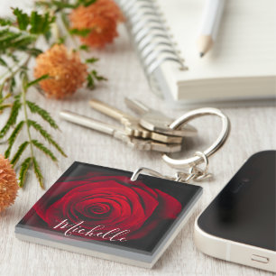 Custom monogram red rose vintage photograph keychain