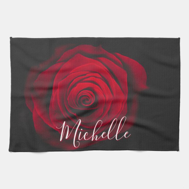 Custom monogram red rose vintage photograph kitchen towel (Horizontal)