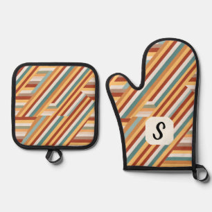Custom Monogram Retro 70s Geometric Oven Mitt & Pot Holder Set