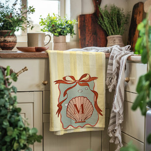 Custom Monogram Retro Coastal Seashell Kitchen Towel