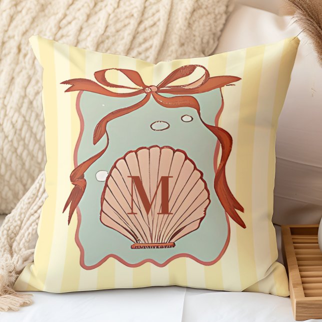 Custom Monogram Retro Coastal Seashell  Throw Pillow (Creator Uploaded)