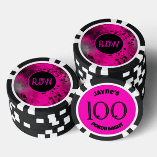Custom Monogram Retro Pink Paint Splatter Poker Chips