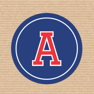 Custom Monogram Retro Typography Navy Blue Red Classic Round Sticker