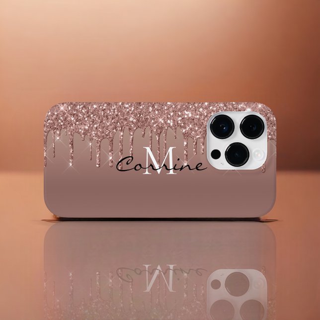Custom Monogram Rose Gold Glitter Drips Metallic Case-Mate iPhone Case (Creator Uploaded)