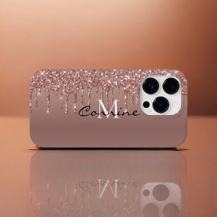 Custom Monogram Rose Gold Glitter Drips Metallic iPhone 14 Pro Case