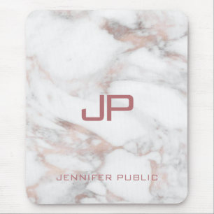 Custom Monogram Rose Gold White Marble Mouse Pad