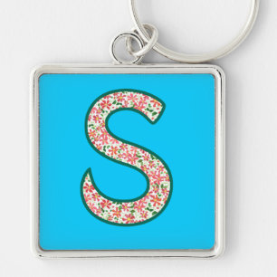Custom Monogram S Keychain, Ditsy Floral Pattern Keychain