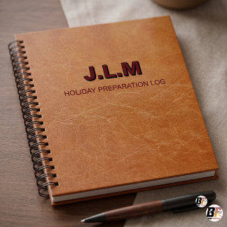 Custom Monogram Saddle Brown Leather Holiday  Notebook