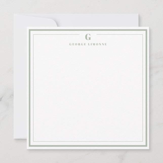 Custom Monogram Sage Green Border Stationery Card (Front)