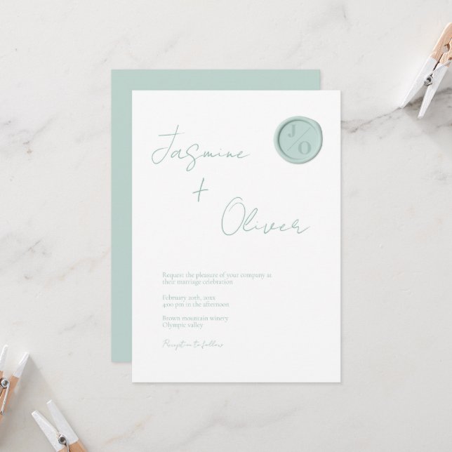 Custom monogram sage green wax seal summer wedding invitation (Front/Back In Situ)