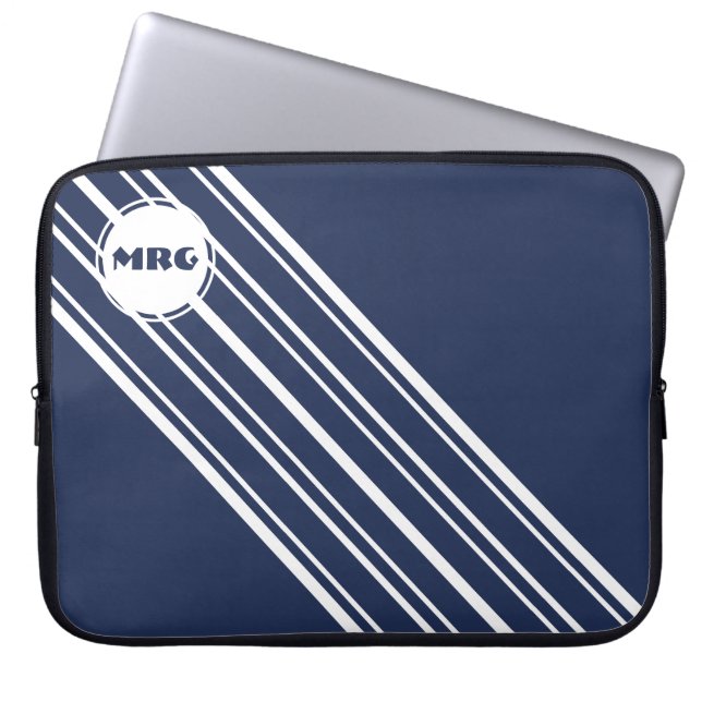 Custom Monogram Sapphire Blue with White Stripes Laptop Sleeve (Front)