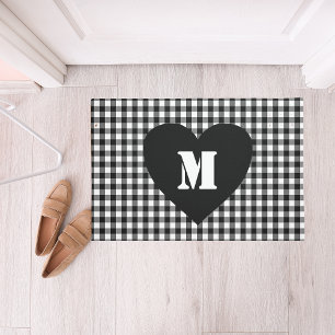 Custom Monogram Script Heart Black & white plaid Doormat