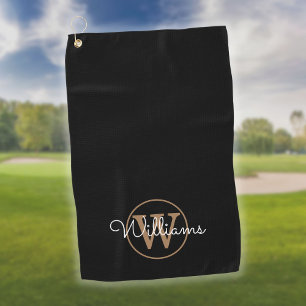 Custom Monogram Script Name Black And Gold Golf Towel