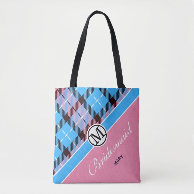 Custom Monogram Script Name Chic Tartan Bridesmaid Tote Bag (Front)
