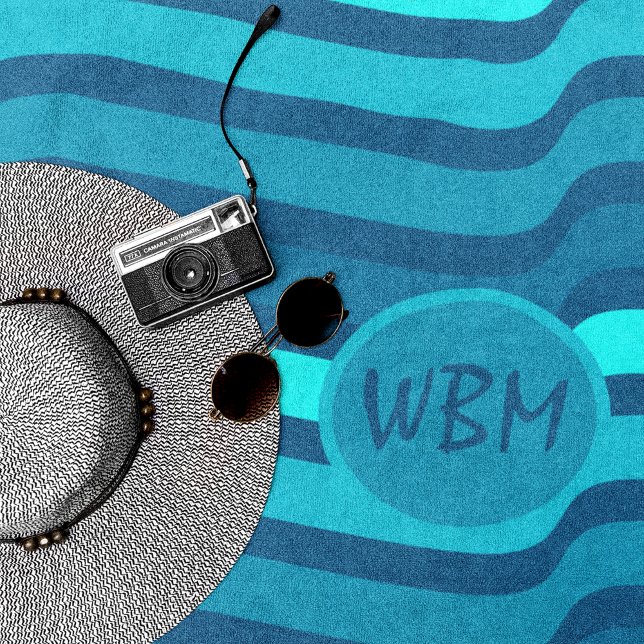 Custom Monogram Shades of Blue Beach Towel (Bright blue stripes/monogram)