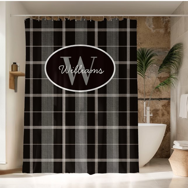 Custom Monogram Shower Curtain Plaid Grey Black  (Creator Uploaded)