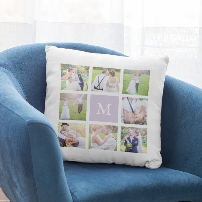 Custom Monogram Simple White Square Photo Collage Throw Pillow (Creator Uploaded)